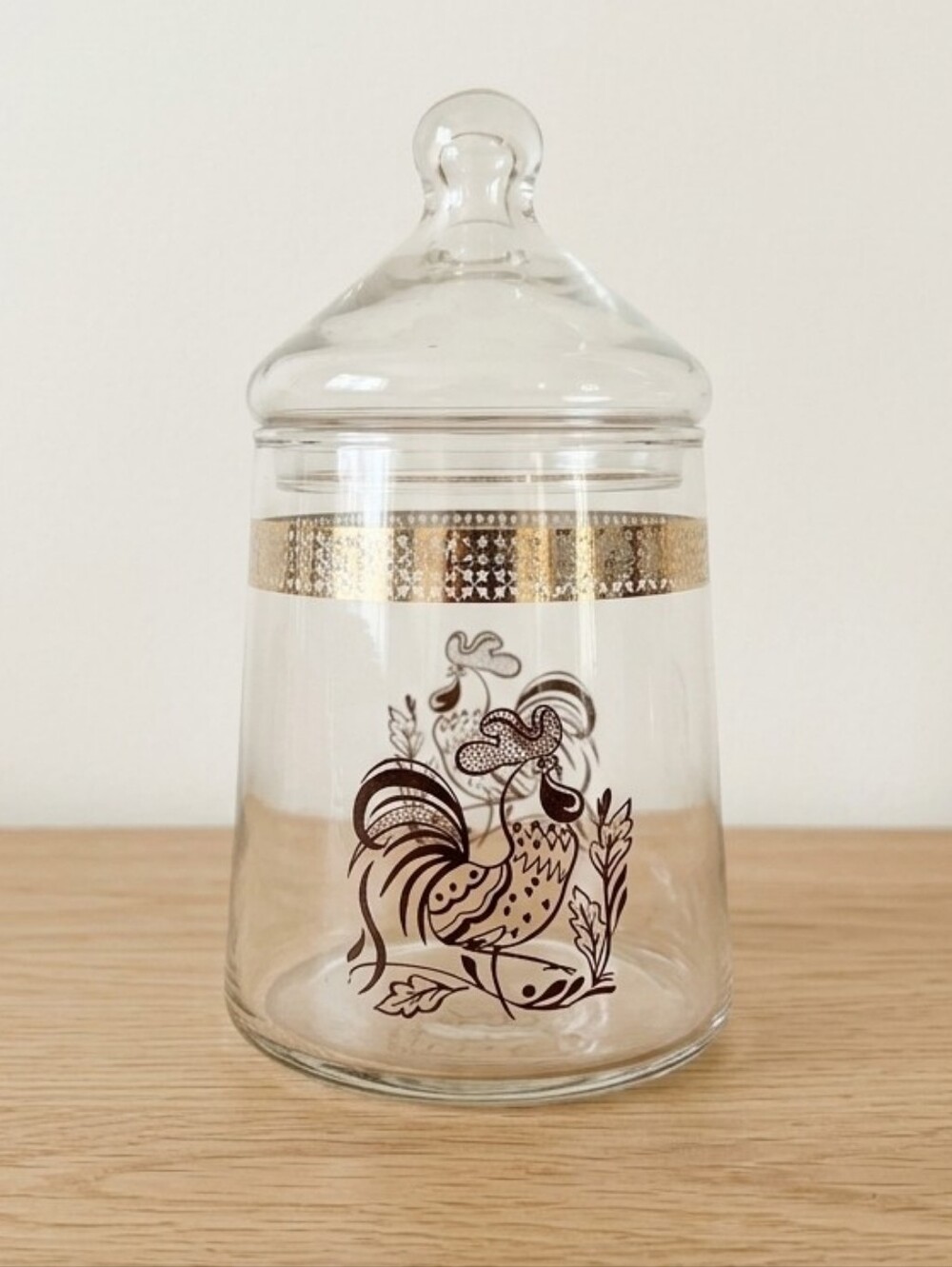 Glass Apothecary Jar with Rooster Motif and Gold Band